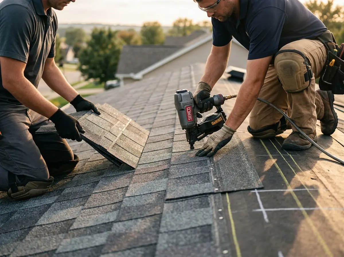 Professional roofer working on a residential roof in Newport Beach